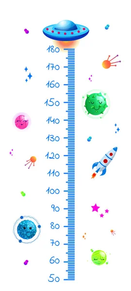 Kinder Raum Höhendiagramm, kosmische Wand Meter mit Cartoon-Fantasie-Planeten und fliegender Untertasse. Vektorvorlage. — Stockvektor