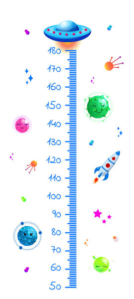 Kids space height chart, cosmic wall meter with cartoon fantasy planets and flying saucer. Vector template.