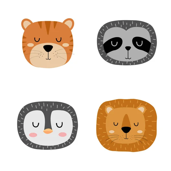 Conjunto de animais estirados à mão bonitos slleping tigre, preguiça, pinguim e leão. Jardim zoológico dos desenhos animados. Ilustração vetorial. Animais para o design de produtos infantis em estilo escandinavo . — Vetor de Stock