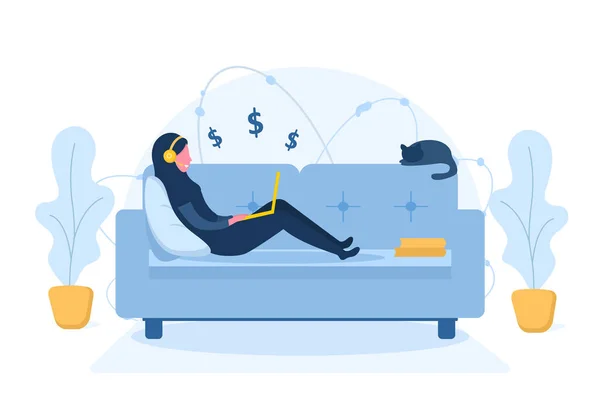 Wanita itu freelance. Gadis Arab dengan jilbab dan headphone dengan laptop tergeletak di sofa. Ilustrasi konsep untuk bekerja dari rumah, pendidikan, gaya hidup sehat. Ilustrasi vektor dalam gaya datar. Stok Ilustrasi Bebas Royalti