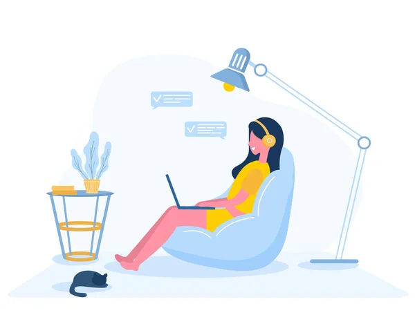 Womens freelance. Girl with laptop sitting on a chair bag. Concept illustration for working, studying, education, work from home, healthy lifestyle. Vector illustration in flat style. — Stock Vector