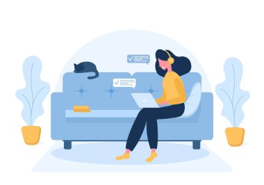 Kadın hakları savunucusu. Kulaklıklı dizüstü bilgisayarı olan kız kanepede oturuyor. Çalışmanın, eğitimin, eğitimin, evden çalışmanın, sağlıklı bir yaşam tarzının gösterimi. Düz biçimli vektör illüstrasyonu.