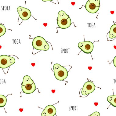 Avokado yogasının kusursuz şekli. Beyaz arkaplanda Avokado karakter tasarımı. Hamile kadınlar için yoga. Tebrik kartları, çıkartmalar, kumaşlar, web siteleri ve baskılar için sevimli illüstrasyon.