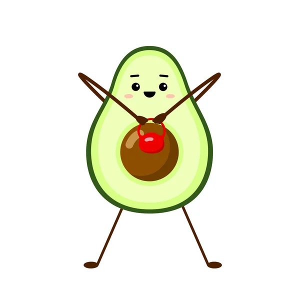 Avocado sport con peso rosso. Disegno di carattere avocado su sfondo bianco. Esercizi mattutini. Graziosa illustrazione per biglietti di auguri, adesivi, tessuti, siti web e stampe . — Vettoriale Stock