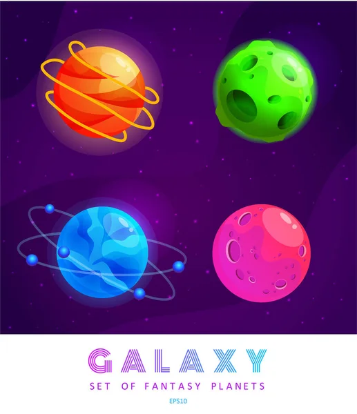 Un insieme di pianeti dei cartoni animati. Set colorato di oggetti isolati. Sfondo spaziale. Universo colorato. Progettazione giochi. Fantasy pianeti spaziali per il gioco ui galassia. EPS 10 . — Vettoriale Stock