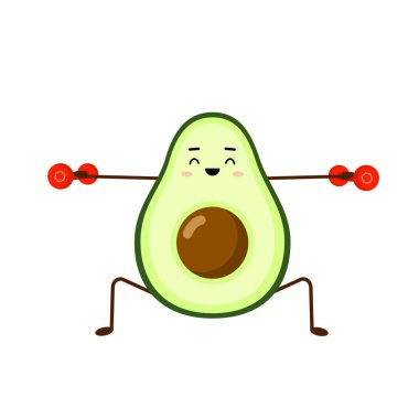 Avokado sporu ve kırmızı halterler. Beyaz arkaplanda Avokado karakter tasarımı. Sabah egzersizleri. Tebrik kartları, çıkartmalar, kumaşlar, web siteleri ve baskılar için sevimli illüstrasyon.