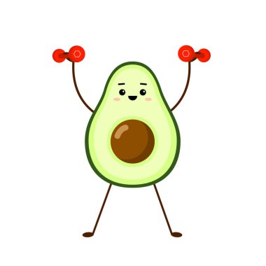 Avokado sporu ve kırmızı halterler. Beyaz arkaplanda Avokado karakter tasarımı. Sabah egzersizleri. Tebrik kartları, çıkartmalar, kumaşlar, web siteleri ve baskılar için sevimli illüstrasyon.