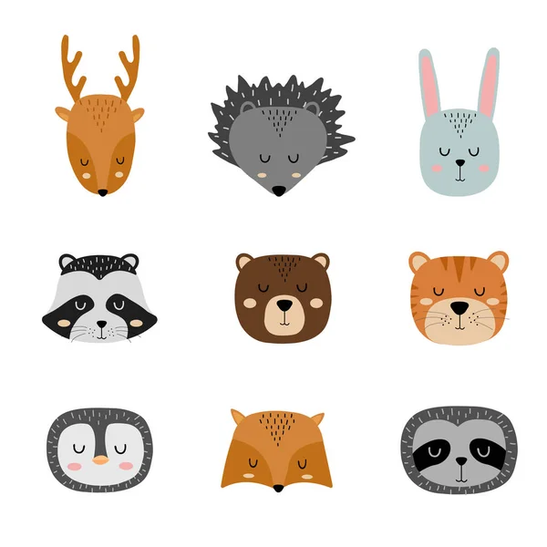 Conjunto de animales de slleping dibujados a mano lindo. Zoológico de dibujos animados. Ilustración vectorial. Animales para el diseño de productos infantiles en estilo escandinavo . — Vector de stock