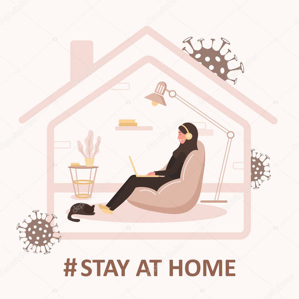Stay home background. Quarantine or self-isolation. Arab girl in hijab with laptop sitting home. Health care concept. Fears of getting coronavirus. Global viral pandemic. Trendy flat illustration.
