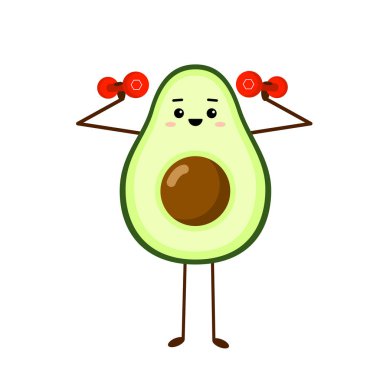 Avokado sporu ve kırmızı halterler. Beyaz arkaplanda Avokado karakter tasarımı. Sabah egzersizleri. Tebrik kartları, çıkartmalar, kumaşlar, web siteleri ve baskılar için sevimli illüstrasyon.