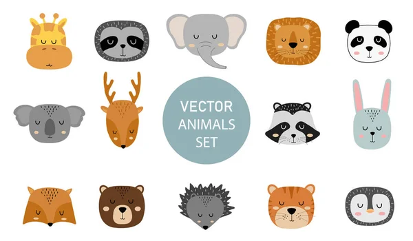 Conjunto de animales de slleping dibujados a mano lindo. Zoológico de dibujos animados. Ilustración vectorial. Animales para el diseño de productos infantiles en estilo escandinavo . — Vector de stock