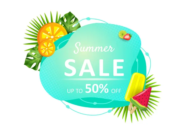 Summer sale liquid colorful banner. Labels with tropical leaves, flower plumeria, flamingo, liquid geometric shape. Template for poster, web, invitation, flyer. Vector illustration. — Stock Vector