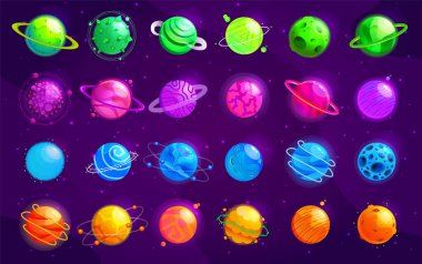 Çizgi film gezegenlerinin vektör kümesi. Renkli izole nesneler. Uzay arkaplanı. Renkli evren. Oyun tasarımı. Galaksi oyunu için fantezi uzay gezegenleri. EPS 10.