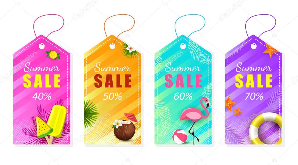 Summer set of sale and gift labels, tags with fun elements, hand drawn lettering. Collection with palm tropical leaves, plants, flamingo, ice cream, coconut and much more.