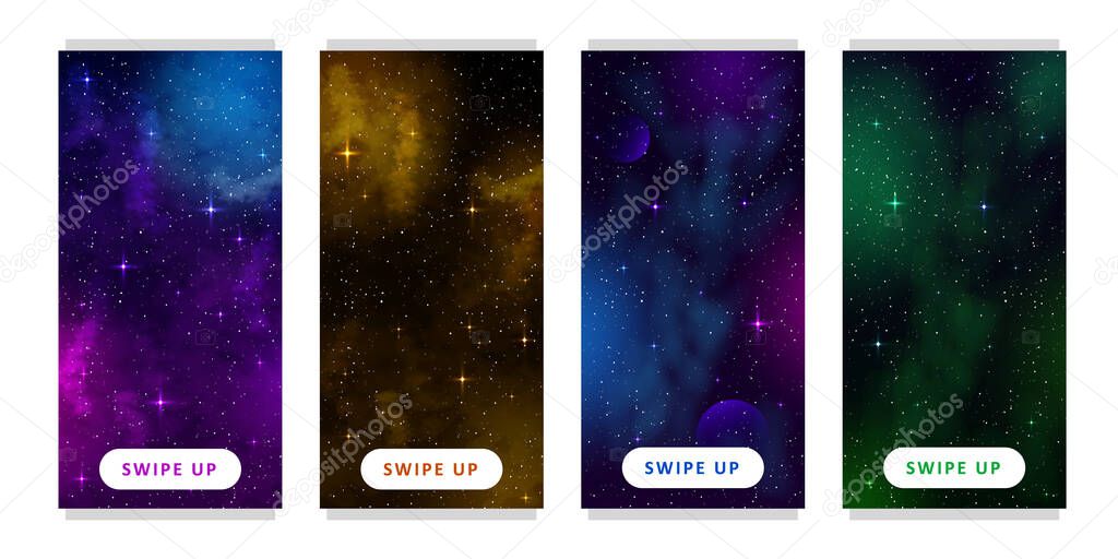 Stories template. Set of space background with abstract shape and stars. Web design. Space exploring. Vector illustration of galaxy. Mobile backdrop. Space background.