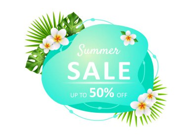 Yaz indirimi sıvı renkli afiş. Tropik yapraklı etiketler, çiçek tesisatı, flamingo, sıvı geometrik şekil. Poster, ağ, davetiye, broşür. Vektör illüstrasyonu.