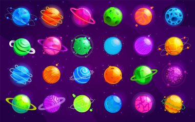 Çizgi film gezegenlerinin vektör kümesi. Renkli izole nesneler. Uzay arkaplanı. Renkli evren. Oyun tasarımı. Galaksi oyunu için fantezi uzay gezegenleri. EPS 10.