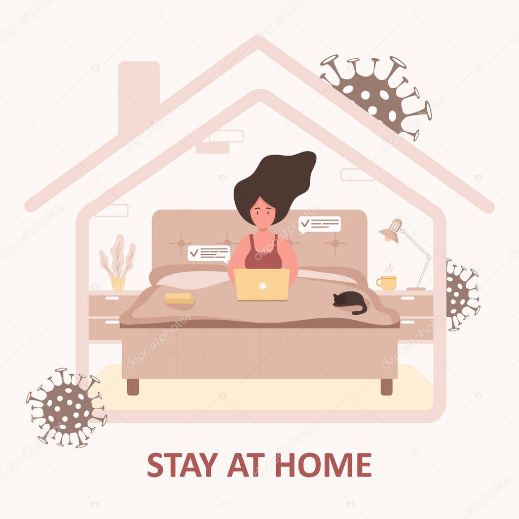 Stay at home background. Quarantine or self-isolation. Woman with laptop sitting home. Health care concept. Fears of getting coronavirus. Global viral epidemic or pandemic. Trendy flat illustration.