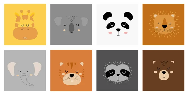 Conjunto de mão bonito desenhado animais adormecidos personagens. Jardim zoológico dos desenhos animados. Ilustração vetorial. Girafa, coala, panda, leão, elefante, tigre, preguiça e urso . — Vetor de Stock