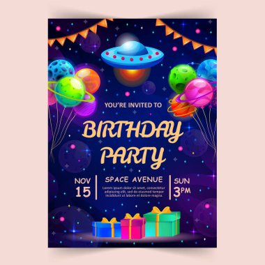 Küçük sevimli gezegenler ve UFO 'lu çocukların doğum günü davetiyesi. Uzay, evren ve gökyüzü arkaplanı. Vektör illüstrasyonu.