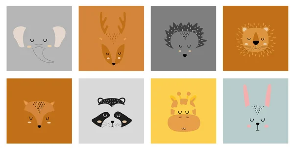 Set of cute hand drawn sleeping animals characters. Cartoon zoo. Vector illustration. Elephant, deer, hedgehog, lion, fox, raccoon, giraffe and hare. — Stock Vector