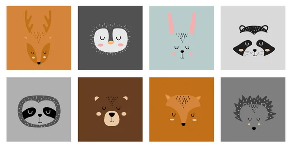 Conjunto de mão bonito desenhado animais adormecidos personagens. Jardim zoológico dos desenhos animados. Ilustração vetorial. Veado, pinguim, lebre, guaxinim, preguiça, urso, raposa e ouriço . — Vetor de Stock