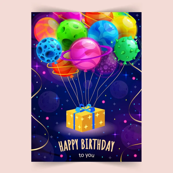 Happy Birthday. Space and universe background with realistic golden serpentine and cute planets. Typography design for greeting card, poster or banner. Vector illustration. — Stock Vector