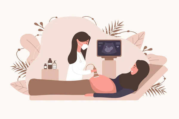 Ultrasound muslim pregnancy screening concept. Female doctor in medical uniform scanning arab mother. Girl with belly looking in monitor smiling. Embryo baby health diagnostic illustration. — Stock Vector