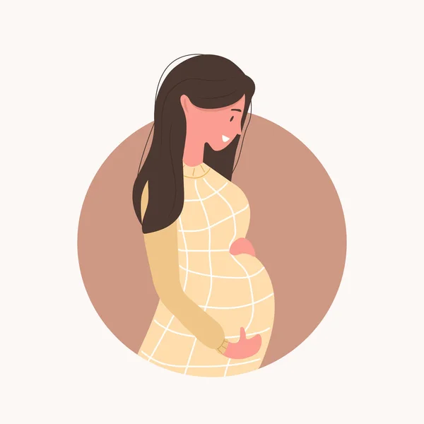 Aranyos, boldog terhes nő. Gyönyörű fiatal lány várja a babát. Vektorlapos illusztráció. — Stock Vector