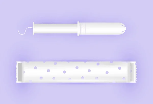 Tampão branco feminino com fio branco. Dias de menstruação. Tampão em embalagem de plástico, esfregaço com aplicador. Cuidado menstrual da mulher. Ilustração de produtos de higiene menina em um estilo plano . — Vetor de Stock