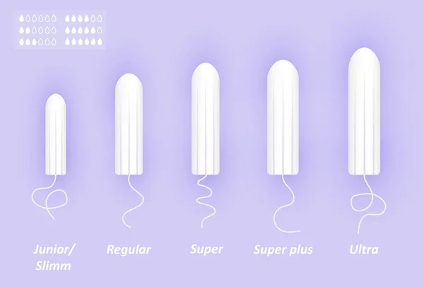 Ensemble de tampons féminins. Différentes tailles de coton-tige. Soins menstruels féminins. Illustration vectorielle 3D réaliste des produits d'hygiène intime . — Image vectorielle