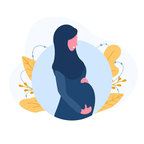 Mujer musulmana embarazada vistiendo abaya y hiyab azul. Moderna ilustración vectorial de estilo plano aislado sobre fondo blanco . — Vector de stock