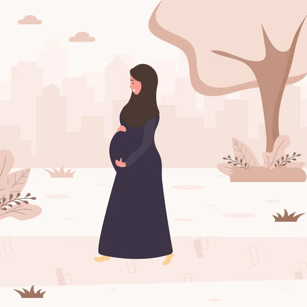Femme enceinte musulmane en abaya et hijab marche dans la rue. Illustration vectorielle style plat moderne isolée sur fond doux . — Image vectorielle