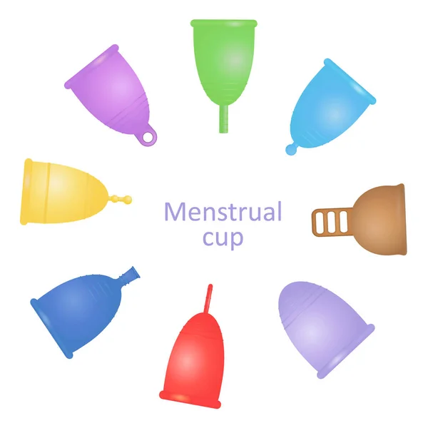 Ensemble de différentes tasses menstruelles en silicone. Produit intime écologique et lavable. Zéro déchet pour l'hygiène personnelle. Concept sans plastique. Illustration vectorielle réaliste 3D de l'hygiène féminine . — Image vectorielle