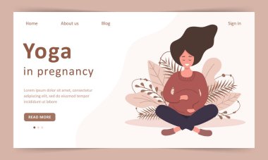 Hamile Yoga. Lotus 'ta oturan güzel, hamile bir kadın. İniş sayfası şablonu. Vektör illüstrasyonu.