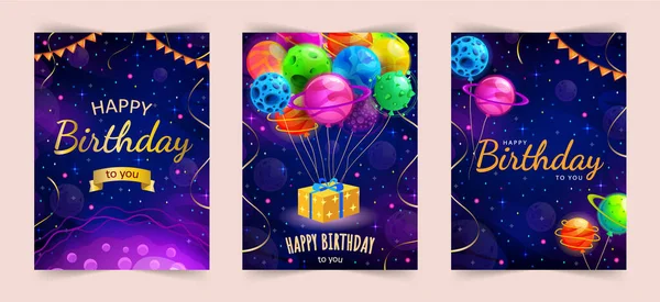 Alles Gute zum Geburtstag. Raum und universeller Hintergrund mit realistischen goldenen Serpentinen und niedlichen Planeten. Satz typografischer Designs für Grußkarten, Poster oder Banner. Vektorillustration. — Stockvektor