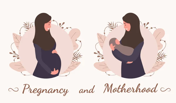 Schwangerschaft und Mutterschaft. Muslimische Frau in Abaya und Hidschab. Moderne flache Vektordarstellung isoliert auf weichem Hintergrund. — Stockvektor