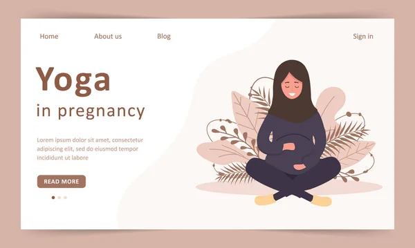 Gravid yoga. Arabiska vackra gravid kvinna i hijab sitter i Lotus. Mall för landningssida. Vektorillustration. — Stock vektor