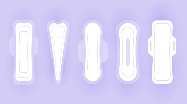 Mulheres almofadas de higiene conjunto de ícones vetoriais isolados em fundo violeta com sombra. Almofadas de higiene tipos, higiene feminina produtos de guardanapo sanitário. Elementos de higiene pessoal em estilo plano . — Vetor de Stock