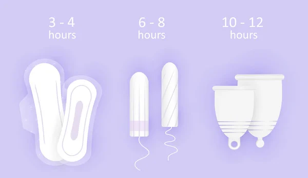 Vrouwelijke hygiëne samenstelling. Draagtijd van hygiëneproducten. Keuze tussen menstruatiecup, tampon en pads. Bescherming voor meisjes in kritieke dagen. 3D realistische vector illustratie van vrouwelijke hygiëne. — Stockvector