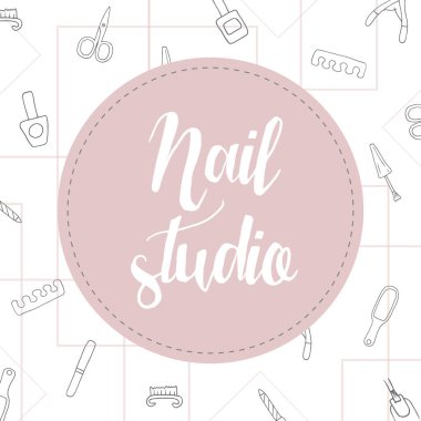 Manikür pedikür karalama aletleri. Tırnak cilası sembolü, makas, cilalama, krem. Mektup manikürü. Manikür stüdyosu, kuaför afişi. Spa için güzellik ikonları. Vektör illüstrasyonu.