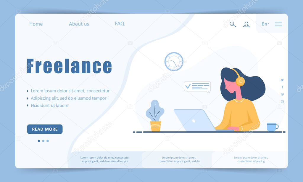 Womens freelance. Landing page template. Girl in headphones with a laptop sitting at a table. Landing page template. Concept illustration for studying, education, work from home, healthy lifestyle.