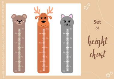Kids space height chart. Cute wall meter with funny animals. Vector template. Cartoon zoo. Design of childrens products in scandinavian style. clipart
