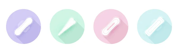 Frauen Hygienepads Set von Vektorsymbolen isoliert auf violettem Hintergrund mit Schatten. Hygienepads Typen, feminine Hygiene hygienische Serviettenprodukte. Körperhygiene-Elemente im flachen Stil. — Stockvektor