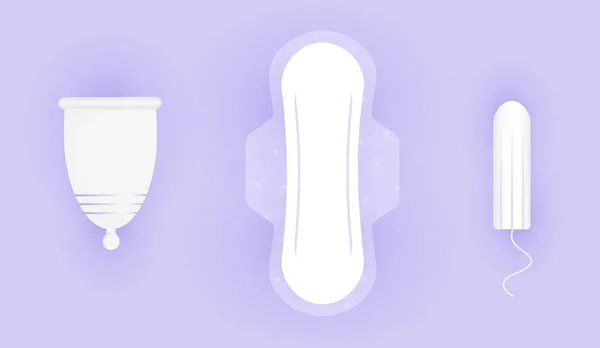 Composição de higiene feminina. Escolha entre copo menstrual, tampão e almofadas. Proteção para meninas em dias críticos. 3D ilustração vetorial realista da higiene da mulher . — Vetor de Stock