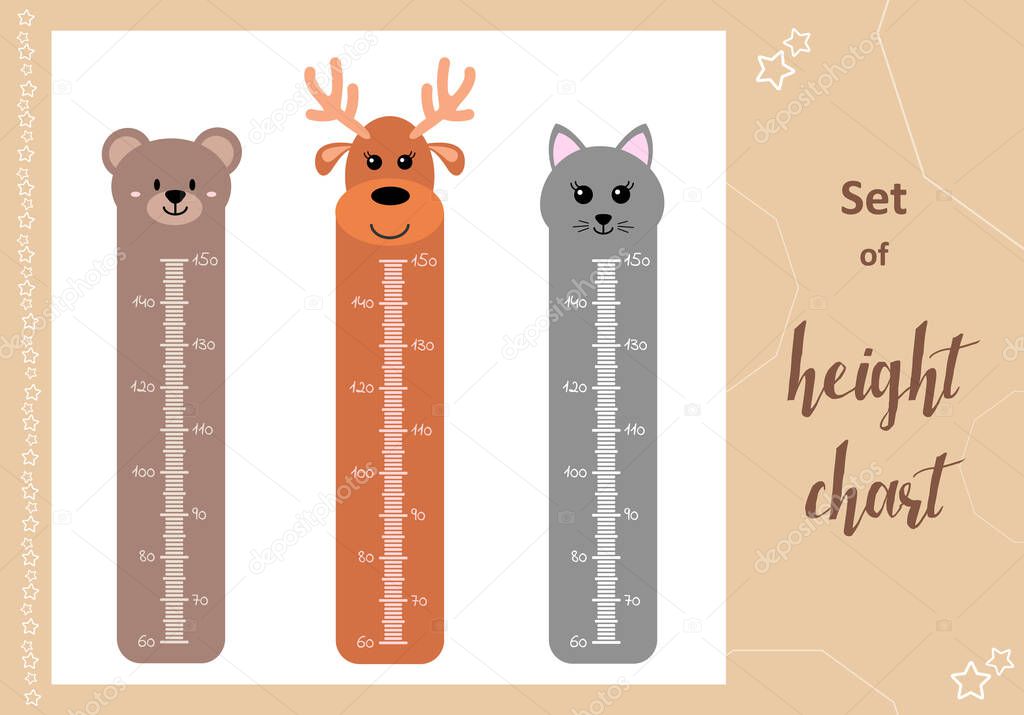 Kids space height chart. Cute wall meter with funny animals. Vector template. Cartoon zoo. Design of childrens products in scandinavian style.