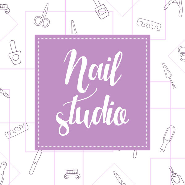 Manicure pedicure doodle tools set with nail polish symbol, scissors, polish, cream. Lettering manicure. Nail studio, salon banner. Beauty icons for spa. Vector illustration.