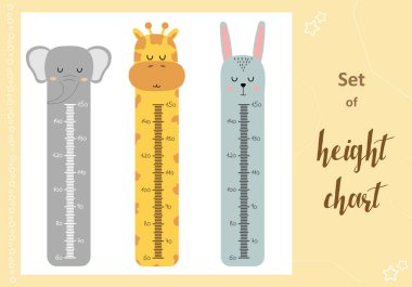 Kids space height chart. Cute wall meter with funny animals. Vector template. Cartoon zoo. Design of childrens products in scandinavian style. clipart