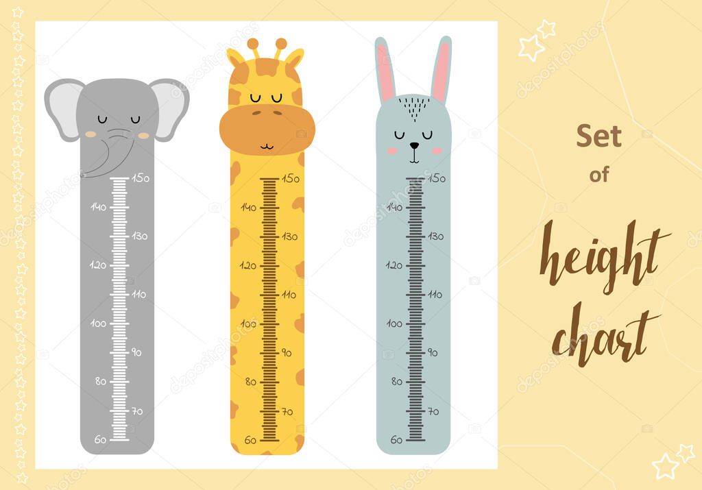 Kids space height chart. Cute wall meter with funny animals. Vector template. Cartoon zoo. Design of childrens products in scandinavian style.