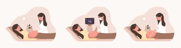 Set von Embryonen Baby Gesundheit diagnostische Illustration. Ärztin untersucht junge Mutter. Mädchen mit Bauch lächelt. — Stockvektor